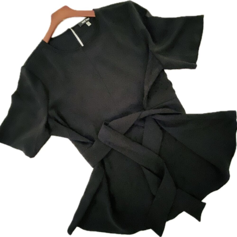 Nine West Peplum Blouse Tie Waist Black Crepe Suiting XL NWOT